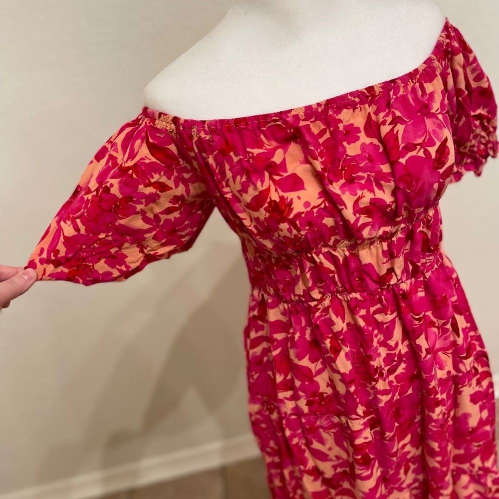 Pink and Orange Floral Off Shoulder Puff Sleeve Dress